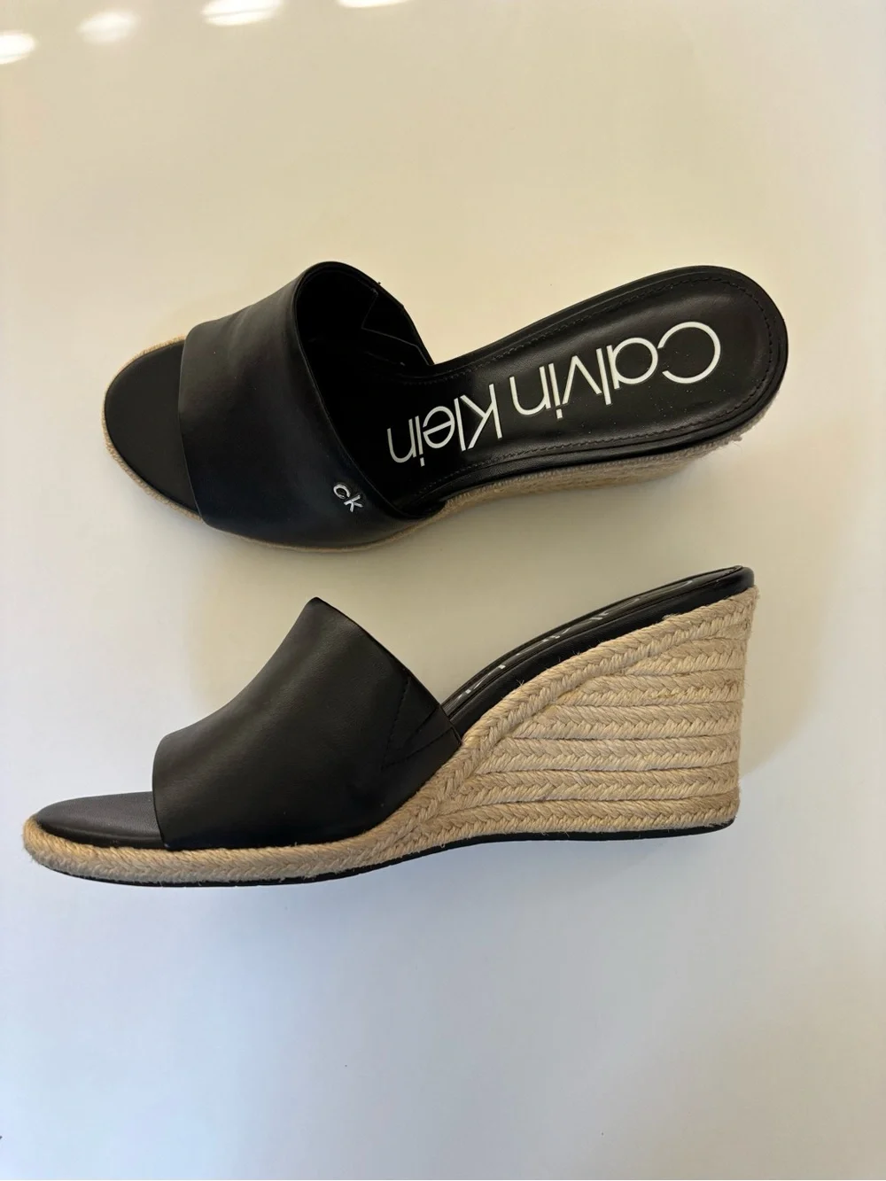 Calvin Klein Black Leather Bandera Wedge Espadrille Slide Sandal 3-1/2” Heel 8